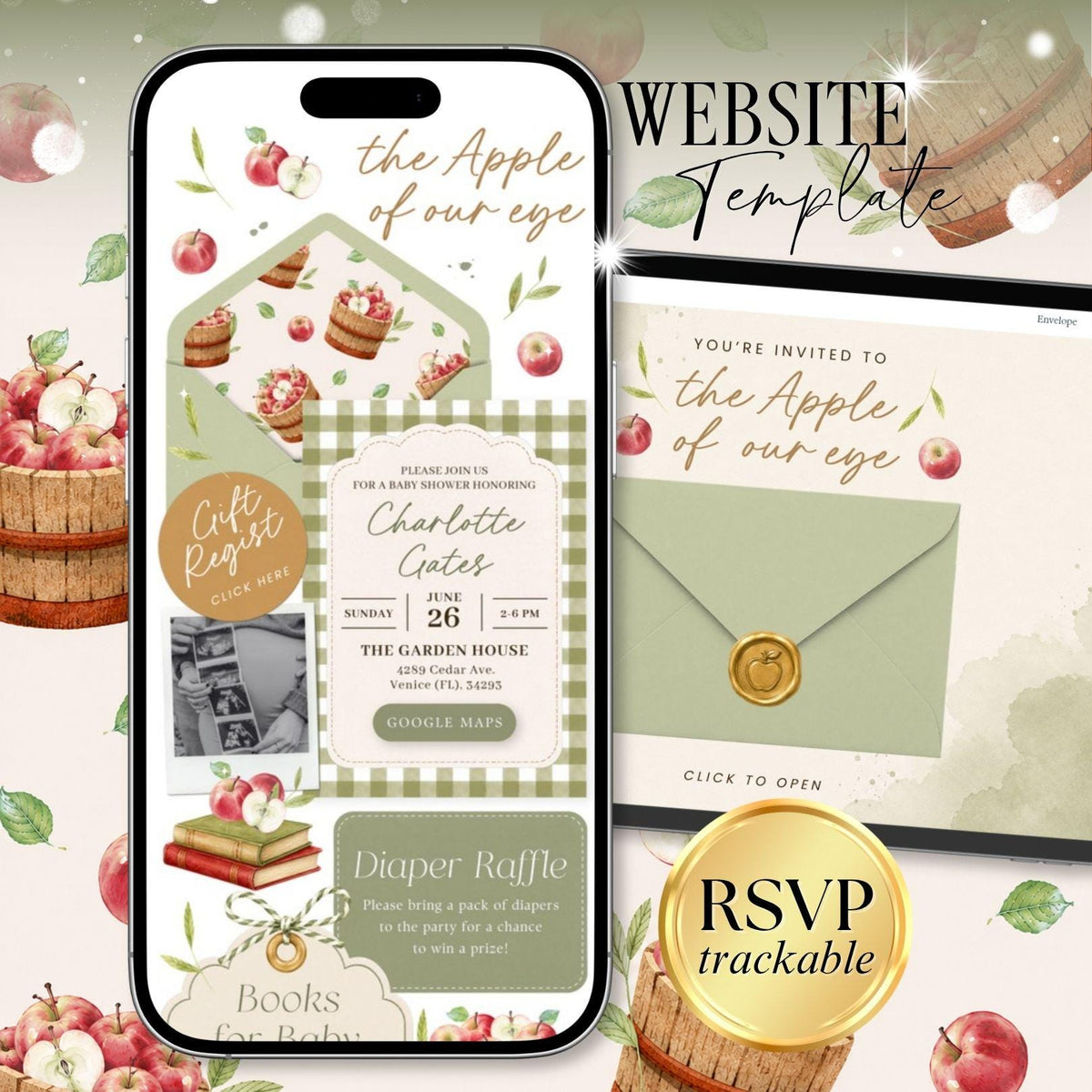 Apple of Our Eye Baby Shower invitation Website Template - Canva website invitation template with RSVP, image 1