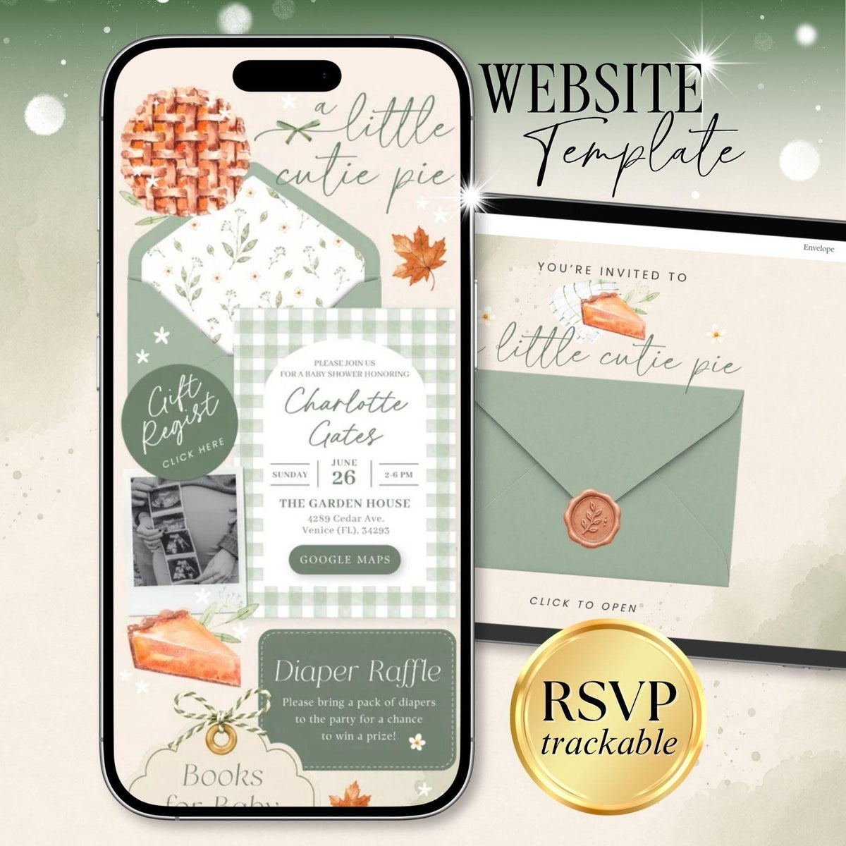 A Little Cutie Pie Baby Shower Invitation Digital - Canva website invitation template with RSVP, image 1