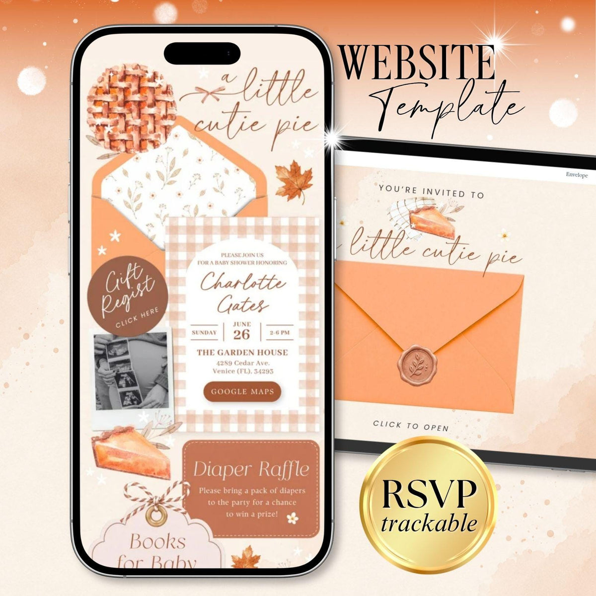 A Little Cutie Pie Baby Shower Invitation Digital - Canva website invitation template with RSVP, image 1