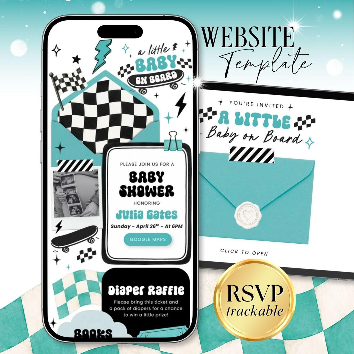 Baby on Board Skateboard Baby Shower Invite for Boy - Canva website invitation template with RSVP, image 1