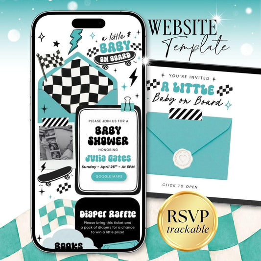 Baby on Board Skateboard Baby Shower Invite for Boy - Canva website invitation template with RSVP, image 1