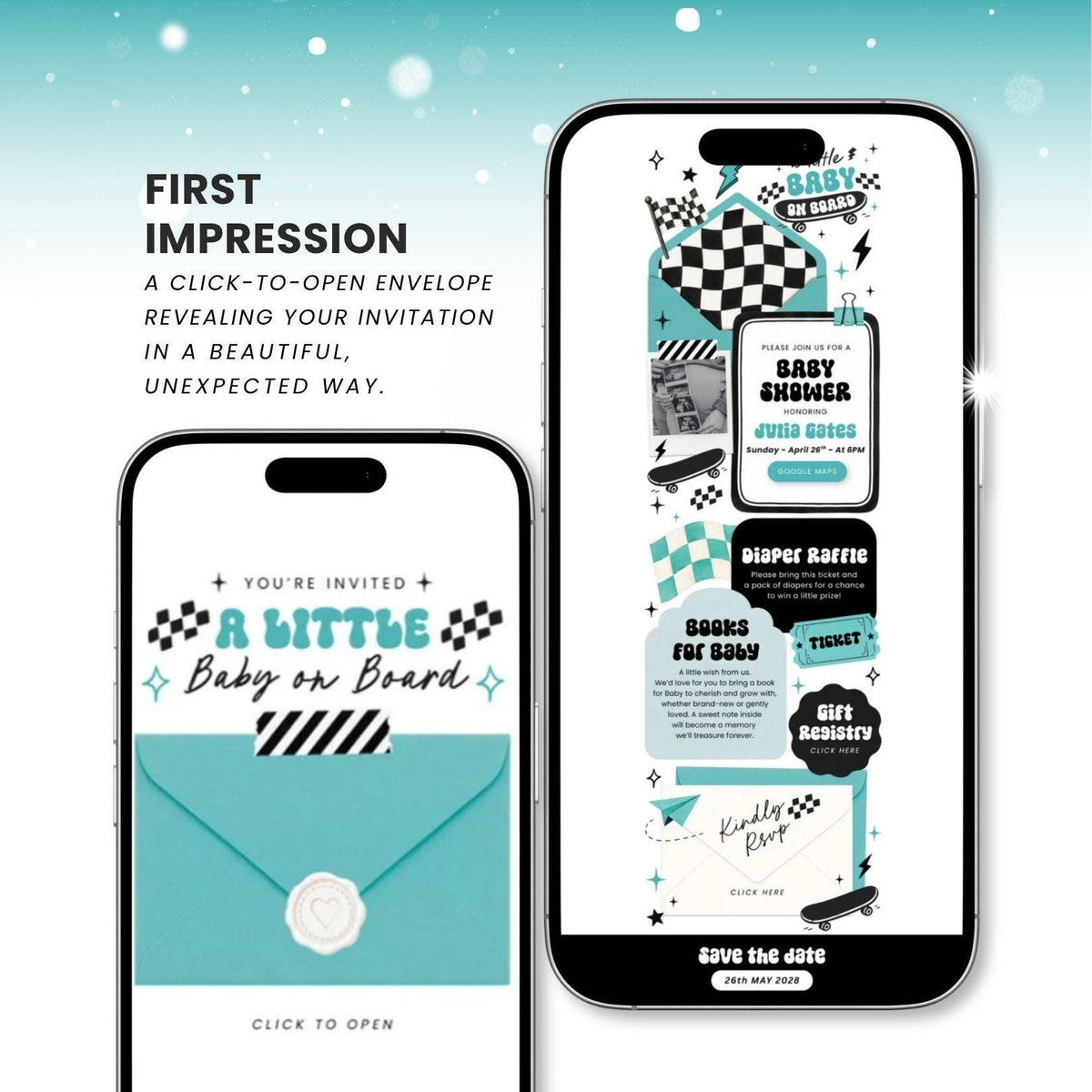 Baby on Board Skateboard Baby Shower Invite for Boy - Canva website invitation template with RSVP, image 2