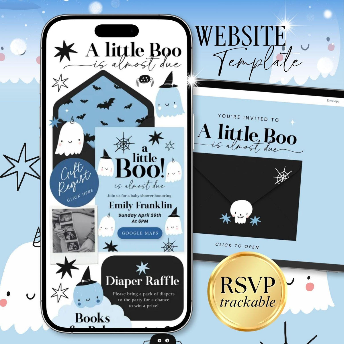 Blue Little Boo Baby Shower Invitation Website Template - Canva website invitation template with RSVP, image 1