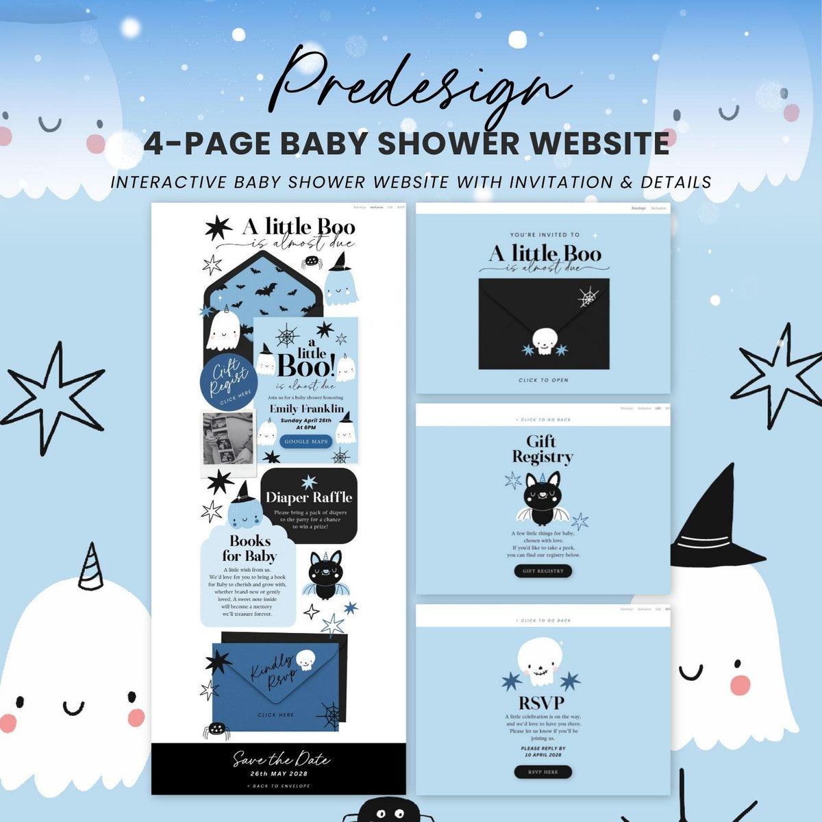 Blue Little Boo Baby Shower Invitation Website Template - Canva website invitation template with RSVP, image 3
