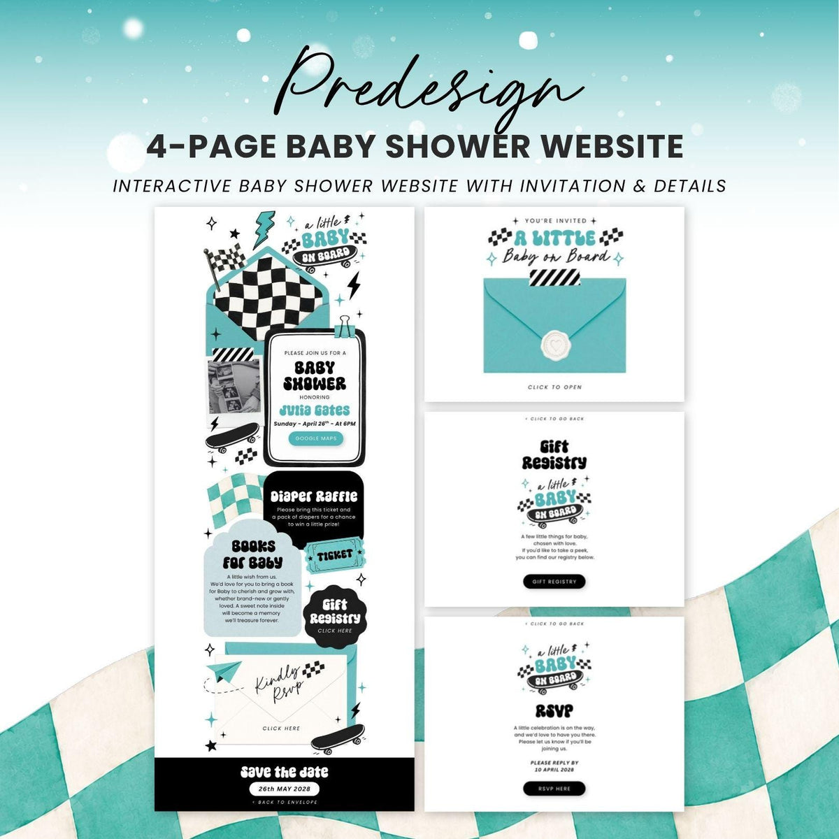 Baby on Board Skateboard Baby Shower Invite for Boy - Canva website invitation template with RSVP, image 3