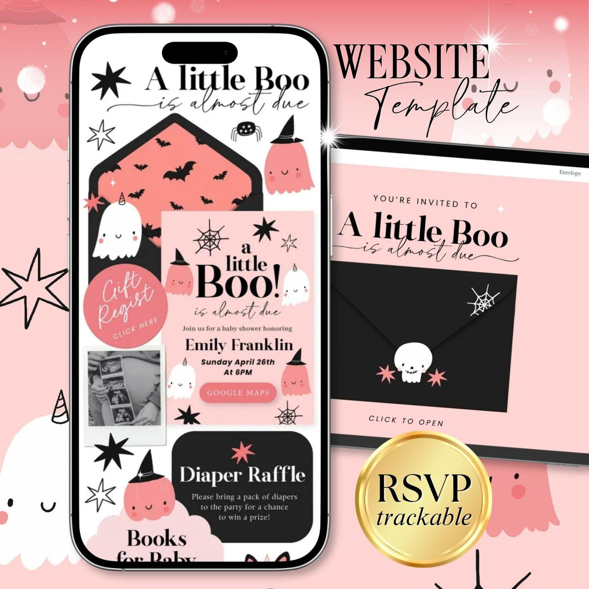 A Little Boo Is Almost Due Baby Shower Invitation Website Template - Canva website invitation template with RSVP, image 1