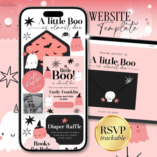 A Little Boo Is Almost Due Baby Shower Invitation Website Template - Canva website invitation template with RSVP, image 1