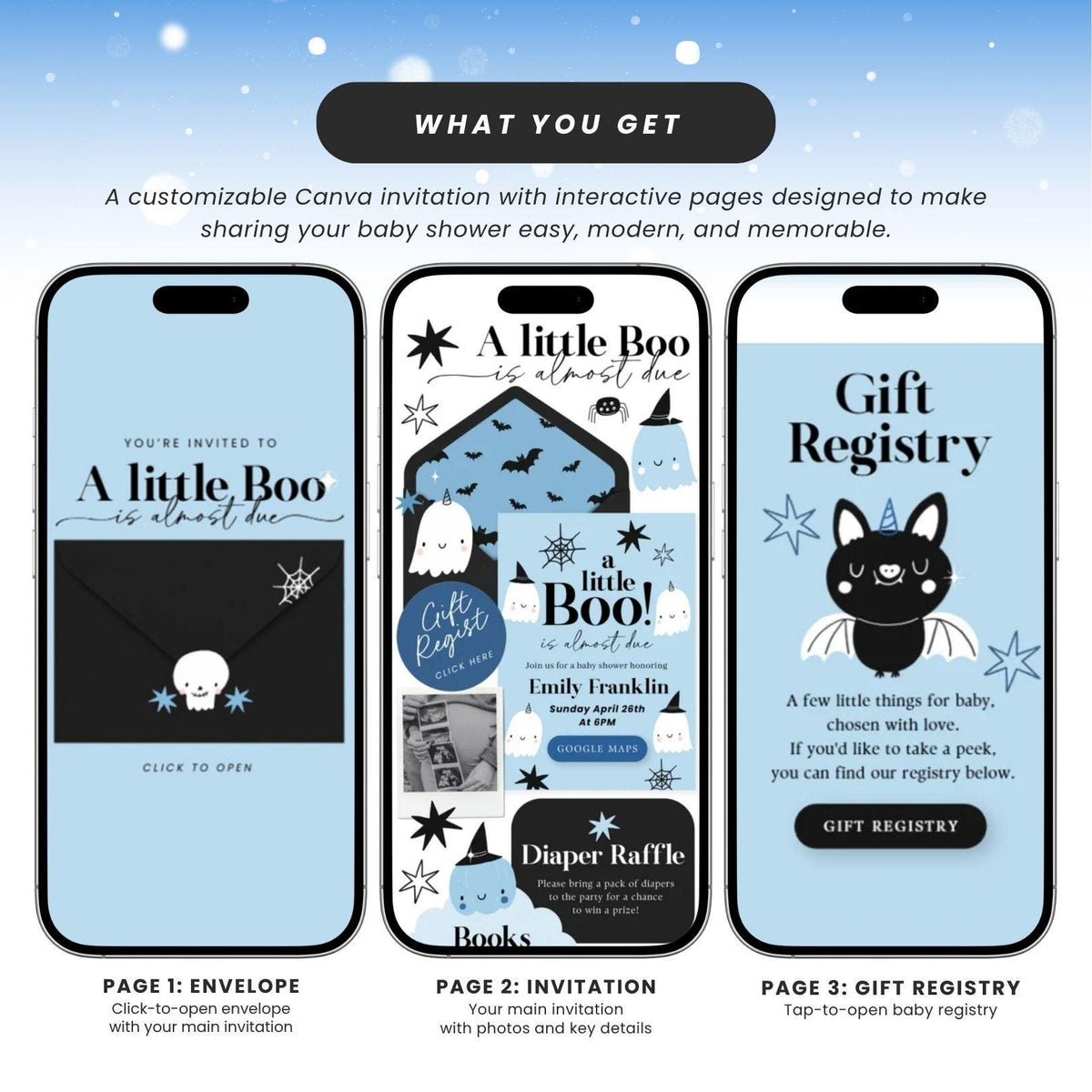 Blue Little Boo Baby Shower Invitation Website Template - Canva website invitation template with RSVP, image 5