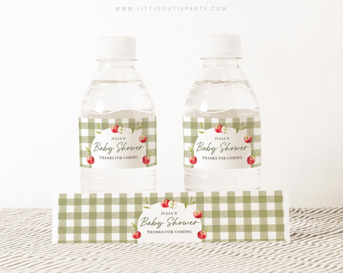 Editable Apple of Our Eye Baby Shower Water Bottle Labels Green Gingham Printable Template APPBS002 - image 1
