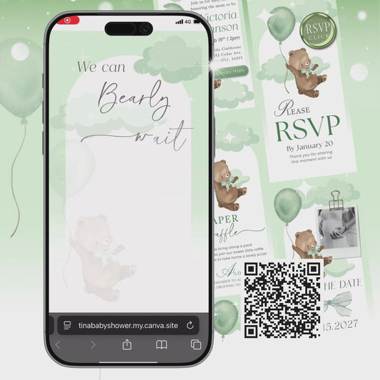 We Can Bearly Wait Green Invitation, Gender Neutral Baby Shower, Green Bear Balloon, RSVP Baby Shower Invite BRWBS004