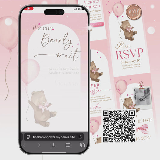 We Can Bearly Wait Baby Shower Invite, Pink Baby Shower Girl Invitation, RSVP Baby Shower Invite BRWBS003
