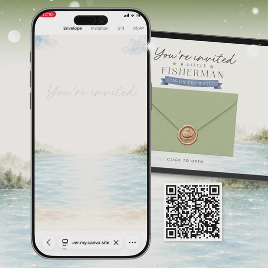 Little Fisherman Baby Shower Invitation, A Little Fisherman is on the way, RSVP Digital Website Canva Template LFMBS001