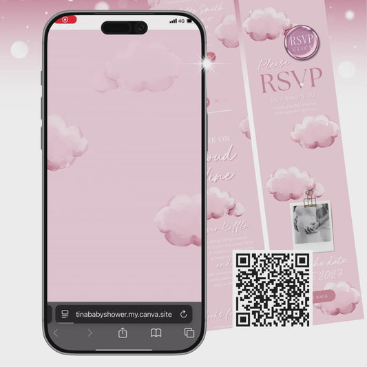 Pink Cloud Nine Baby Shower Invitation, On Cloud 9 Baby Shower Invite, RSVP Baby Shower Invite CNBS002